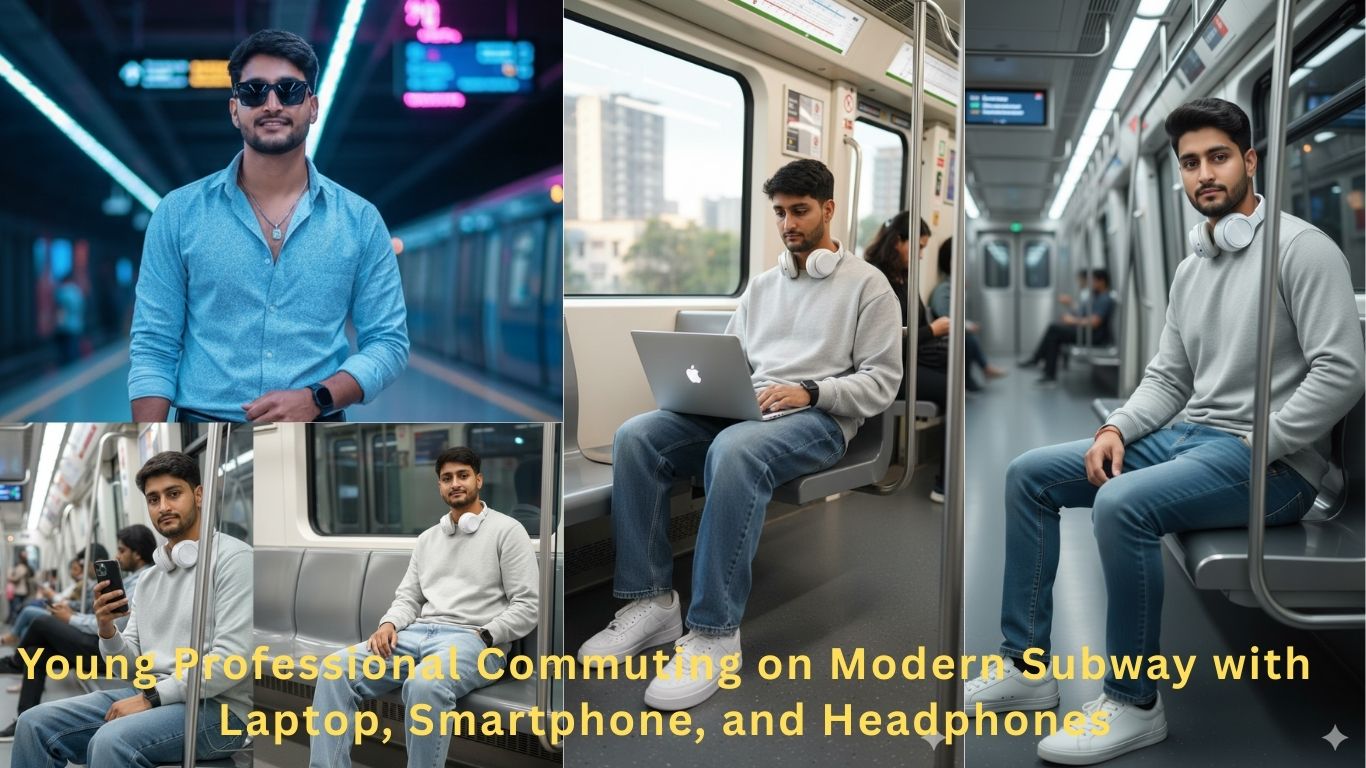 Young Professional Commuting on Modern Subway with Laptop, Smartphone, and Headphones